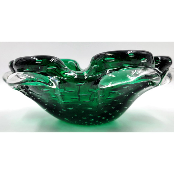 Murano Green Bullicante Controlled Bubble Art Glass Bowl Ruffled Edge 8" Italy - Picture 6 of 9